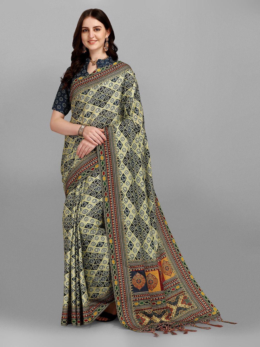 yoyo fashion beige & black bandhani art silk saree