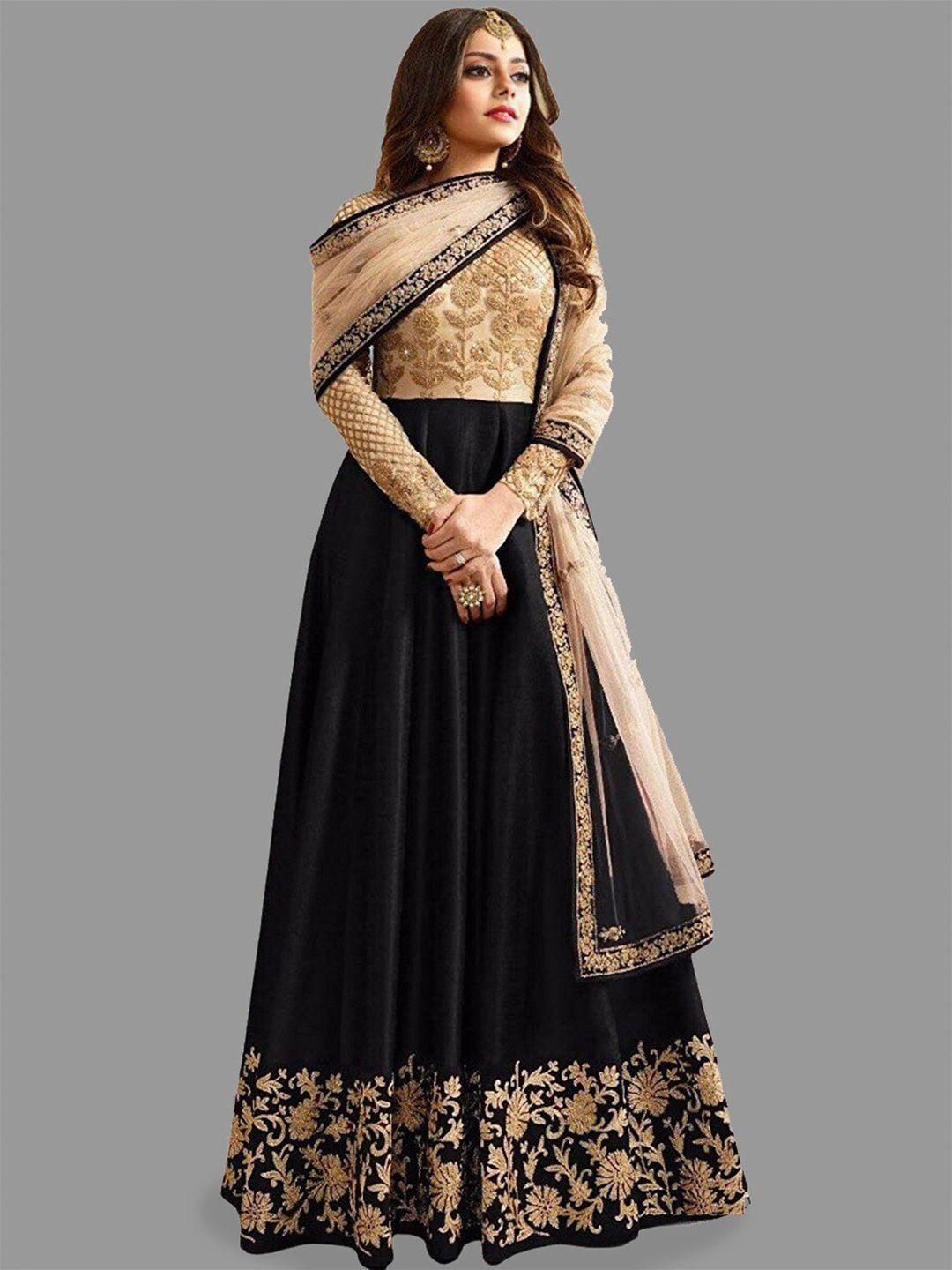 yoyo fashion black & beige embroidered pure silk semi-stitched dress material