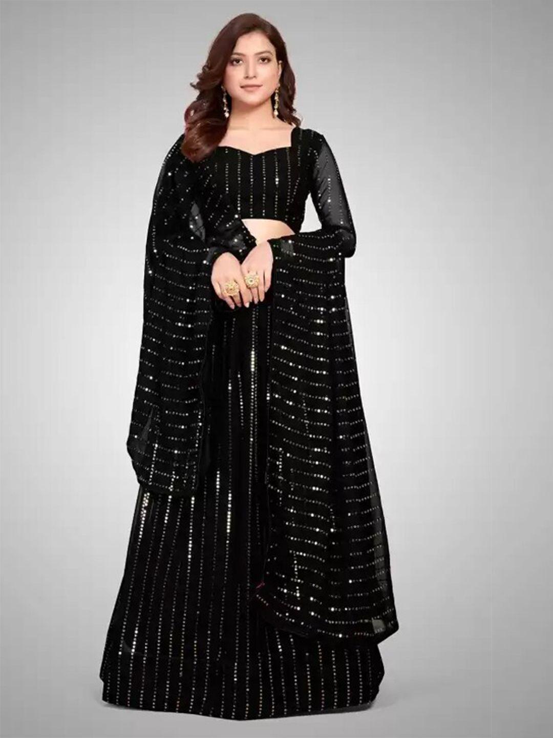 yoyo fashion black embroidered sequinned semi-stitched lehenga & unstitched blouse with dupatta