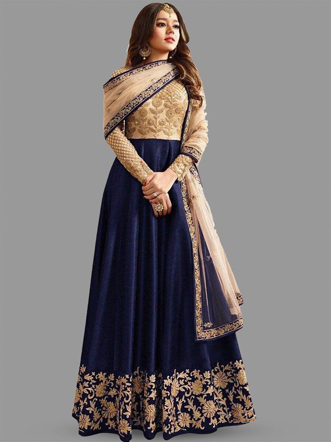 yoyo fashion blue & beige embroidered pure silk semi-stitched dress material