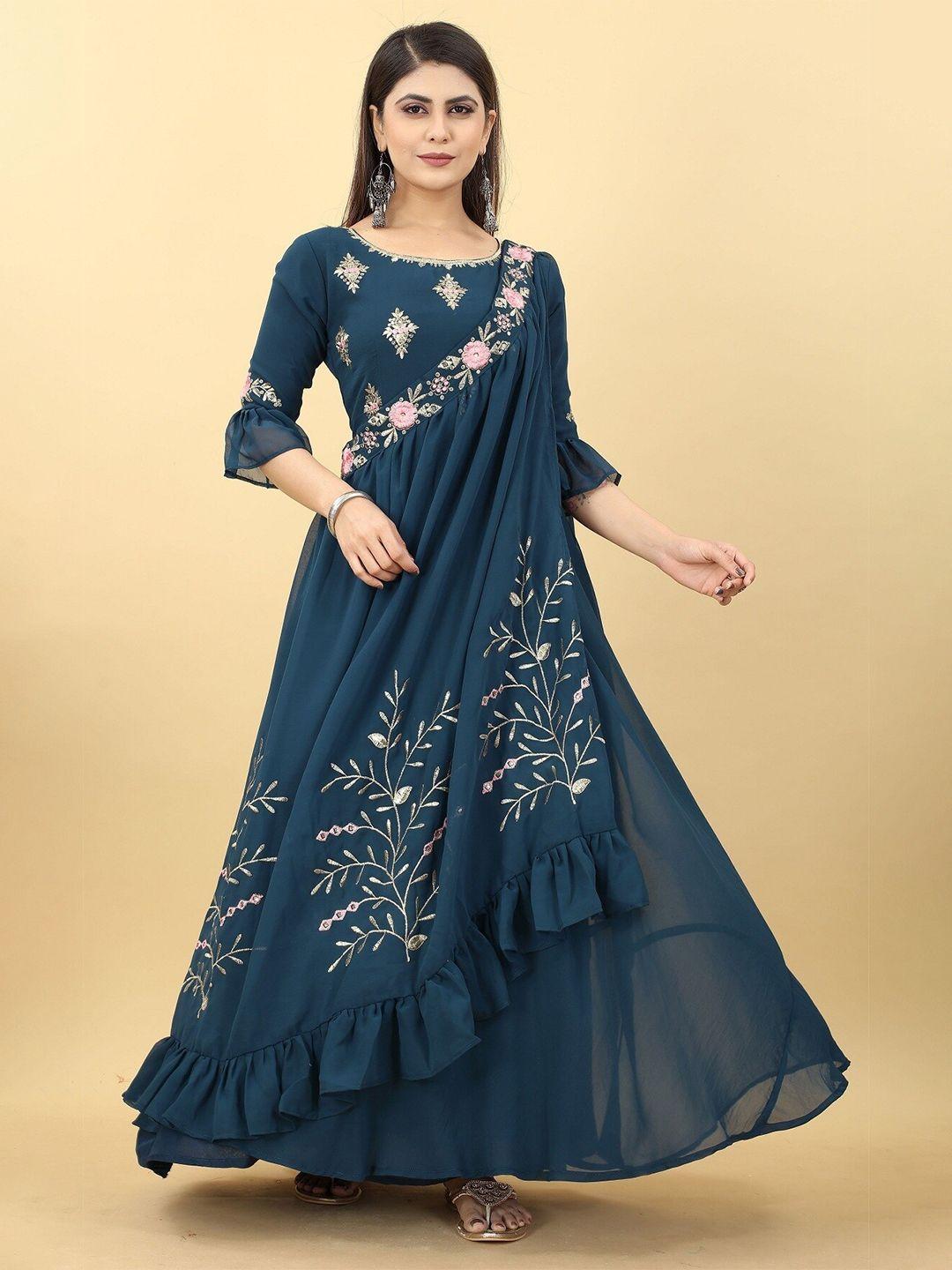 yoyo fashion floral embroidery bell sleeves georgette ethnic dress with dupatta