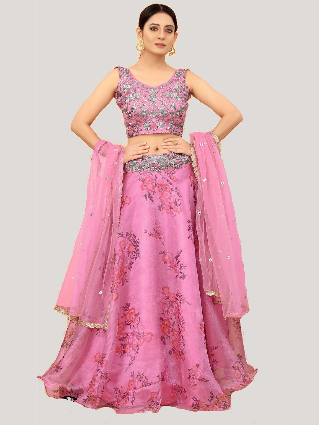 yoyo fashion pink & silver-toned printed semi-stitched lehenga & unstitched blouse with dupatta