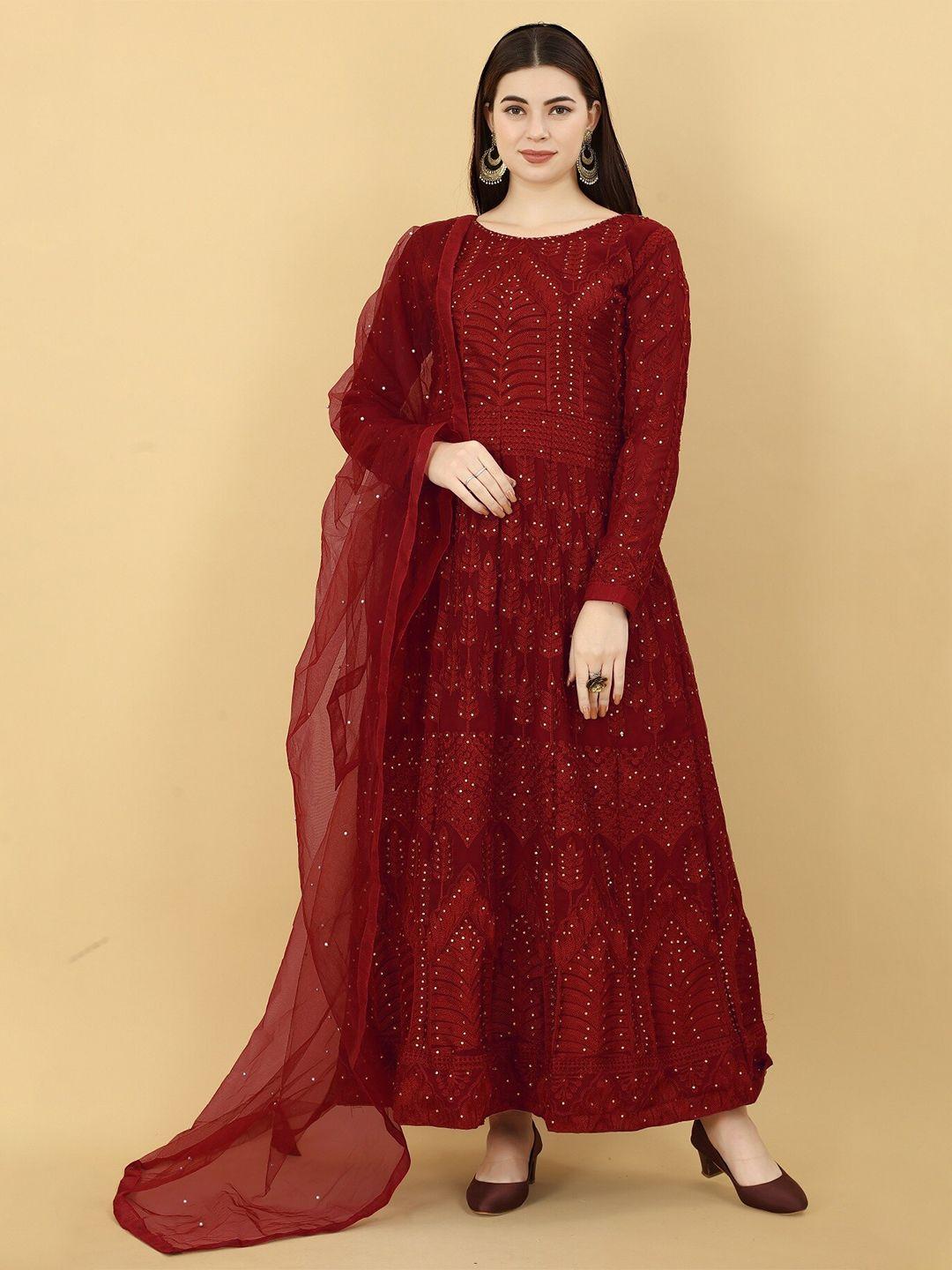 yoyo fashion red embroidered semi-stitched dress material