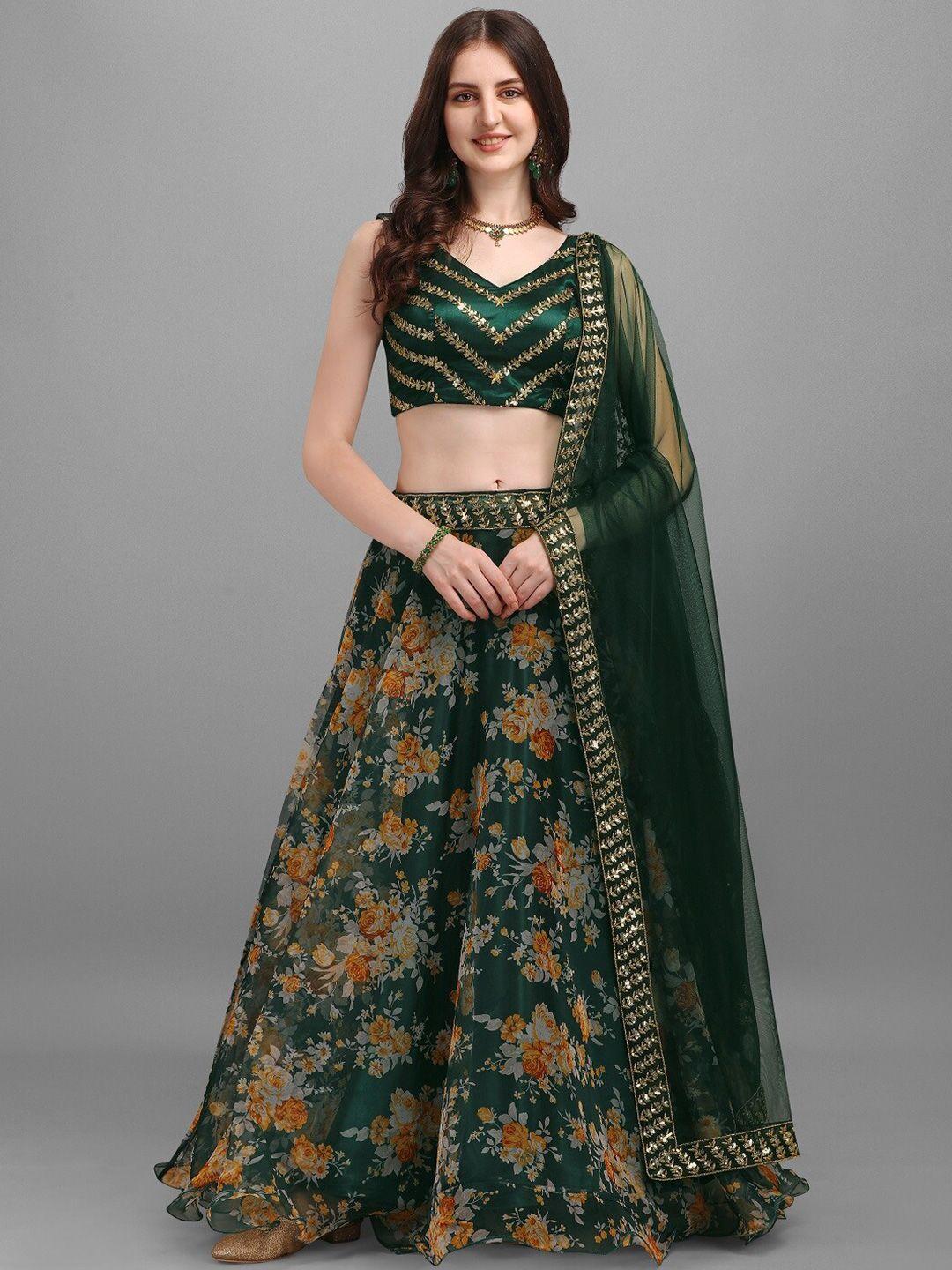 yoyo fashion women green & orange semi-stitched lehenga & unstitched blouse with dupatta