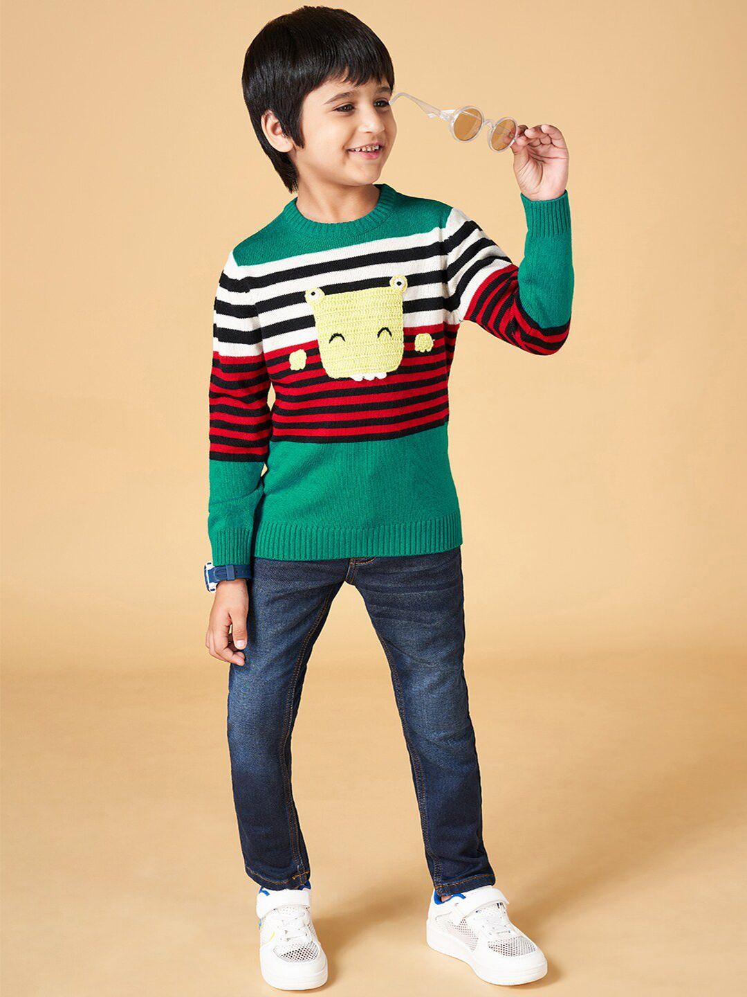 yu by pantaloons boys striped embroidered round neck acrylic pullover sweater