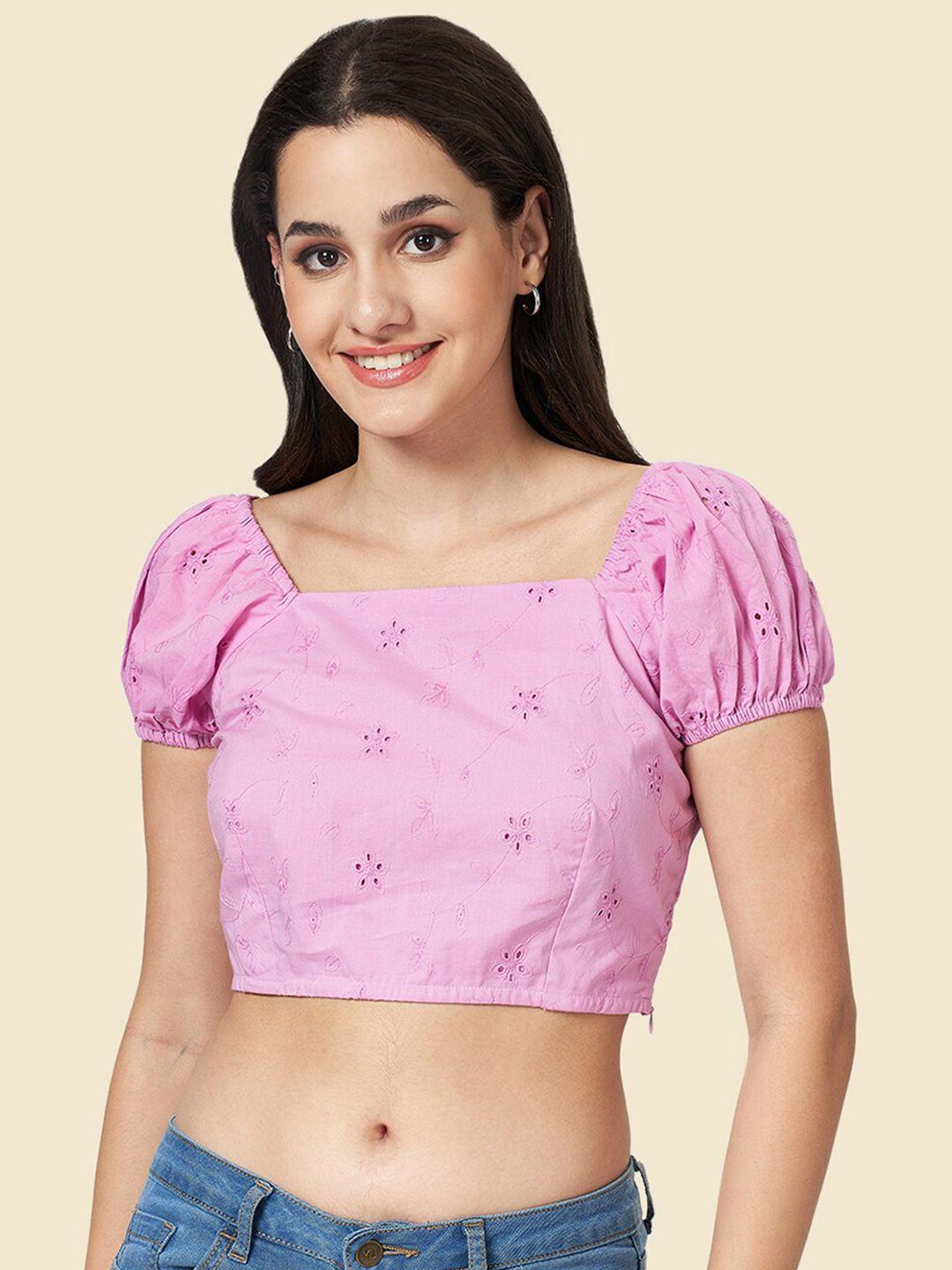 yu by pantaloons floral embroidered puff sleeves schiffli cotton crop top