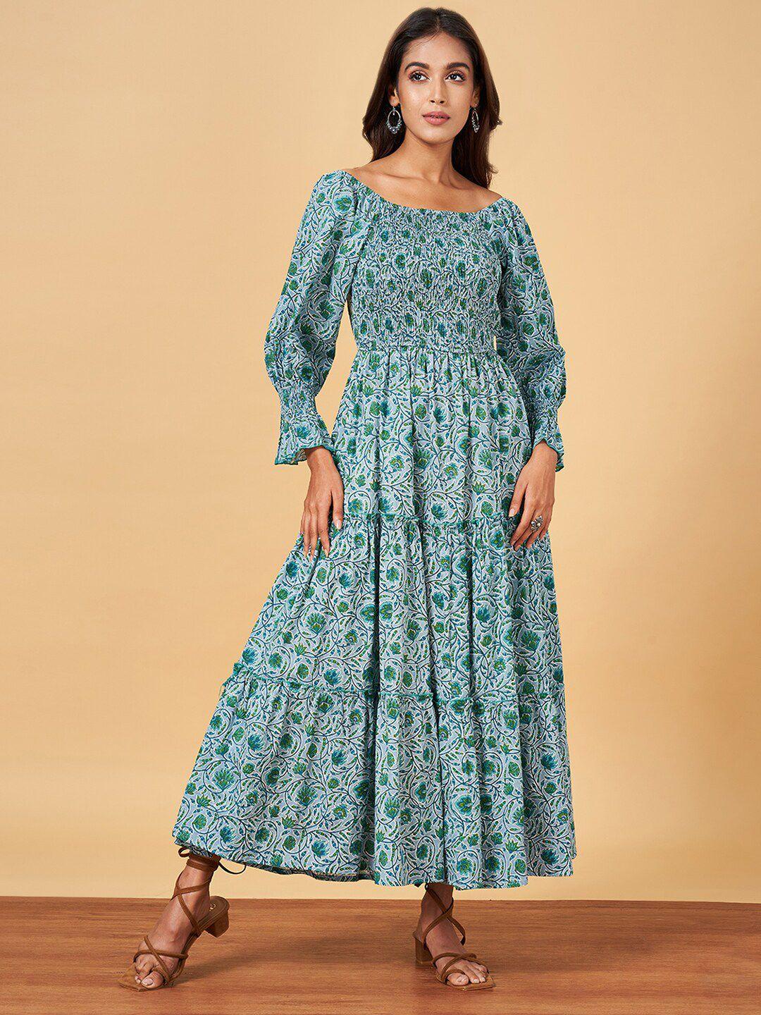 yu by pantaloons floral printed puff sleeve pure cotton fit & flare maxi ethnic dresses