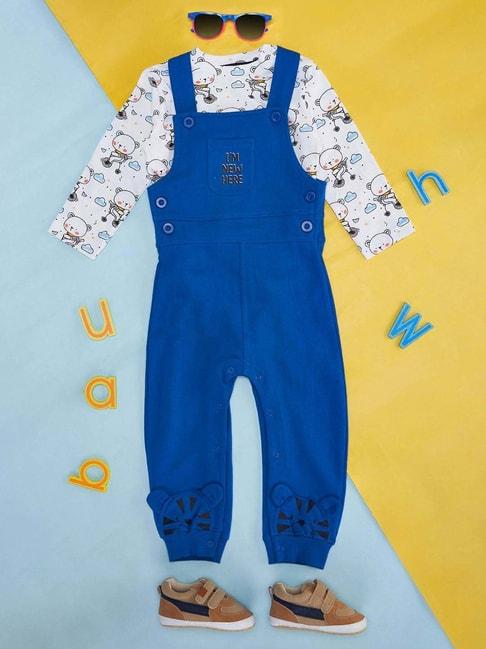 yu by pantaloons kids blue & white cotton printed full sleeves jumpsuit set