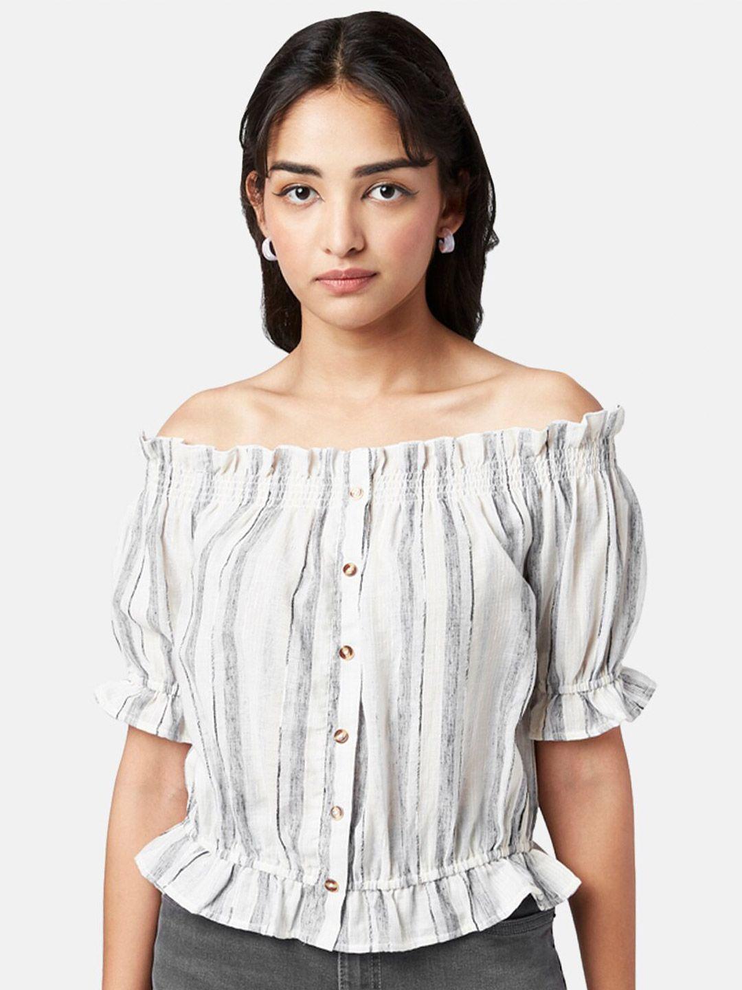 yu by pantaloons off white striped off-shoulder top