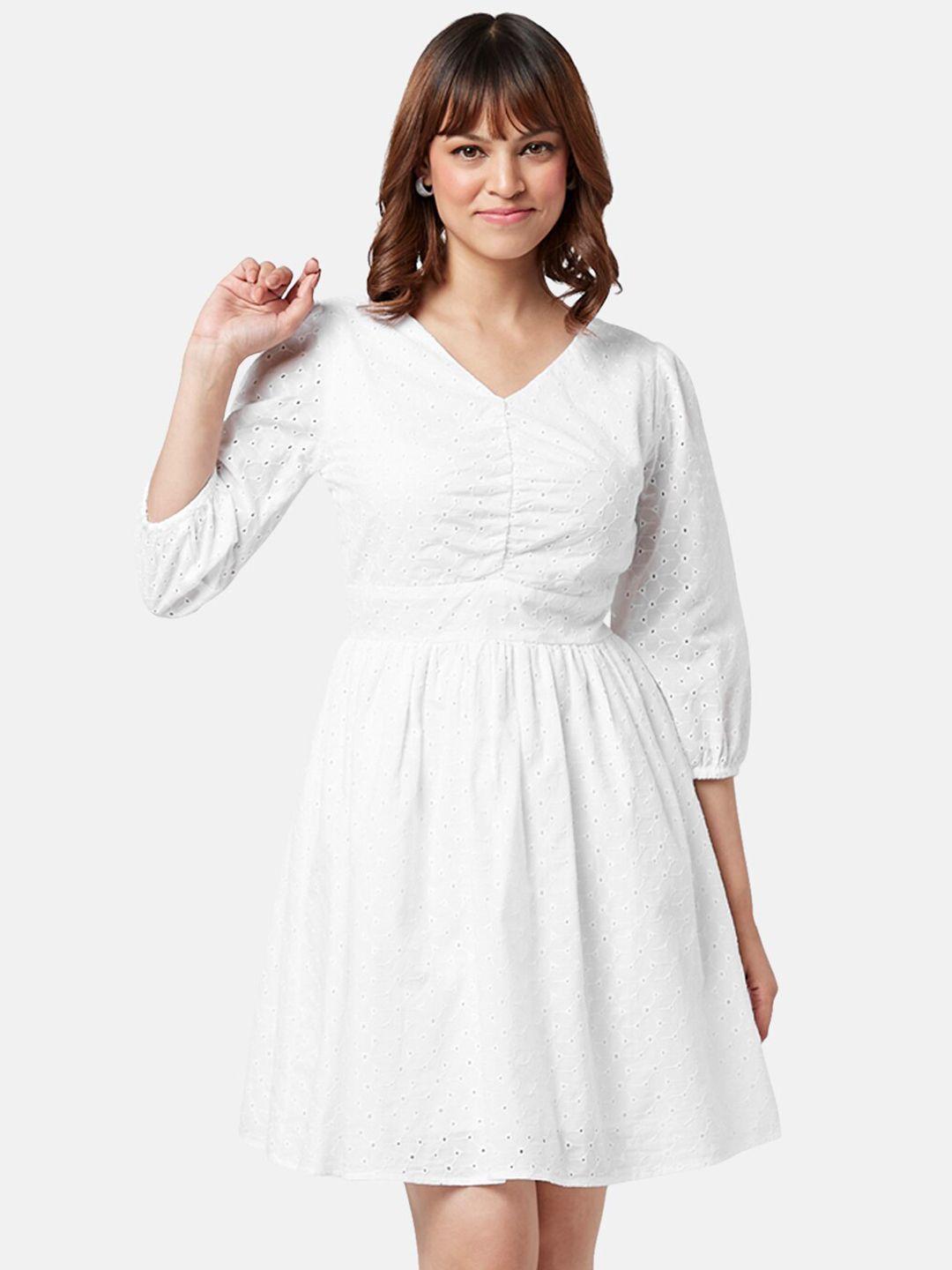 yu by pantaloons self design v-neck puff sleeves cotton fit & flare dress