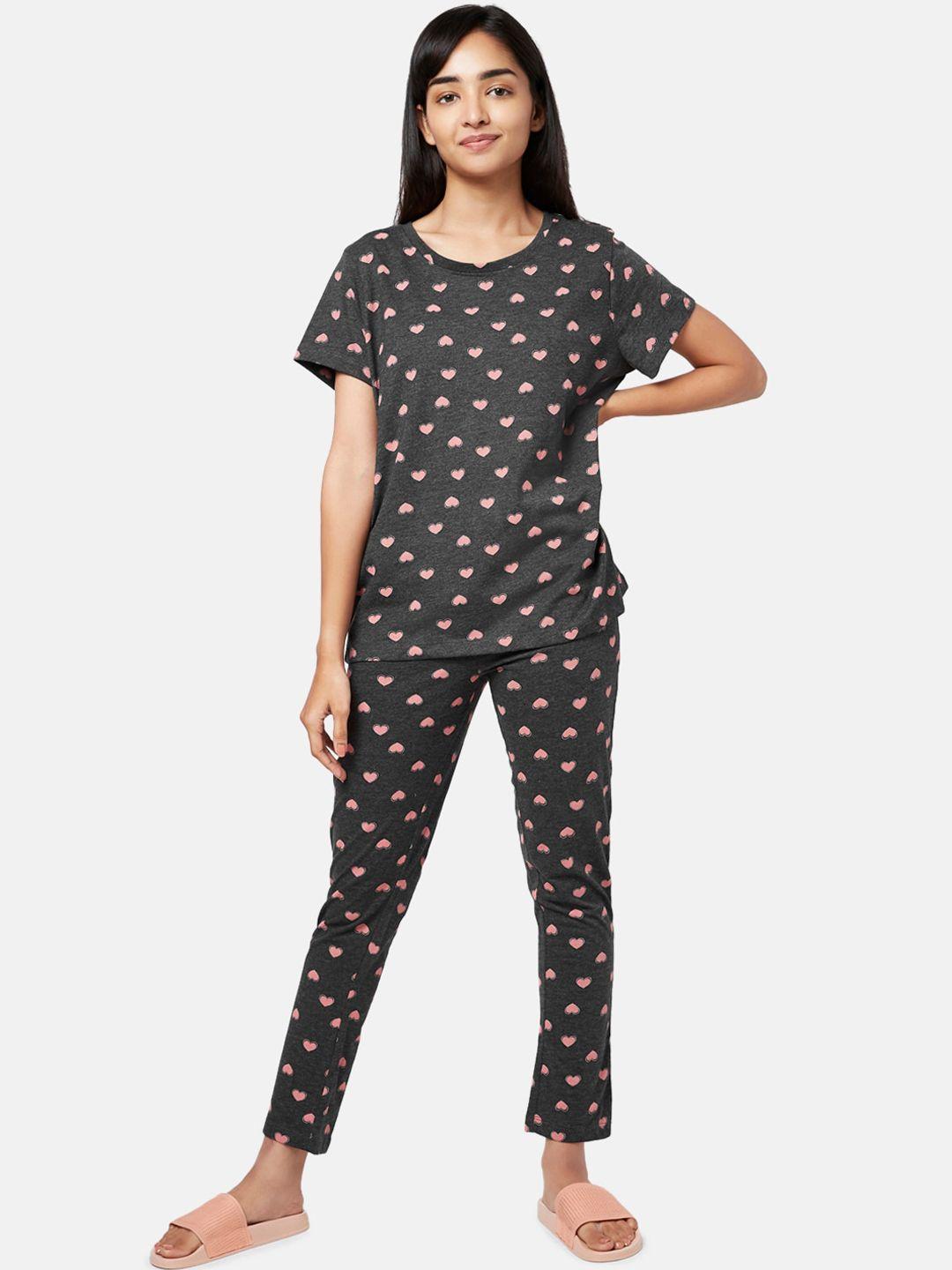 yu by pantaloons women charcoal & pink printed night suit