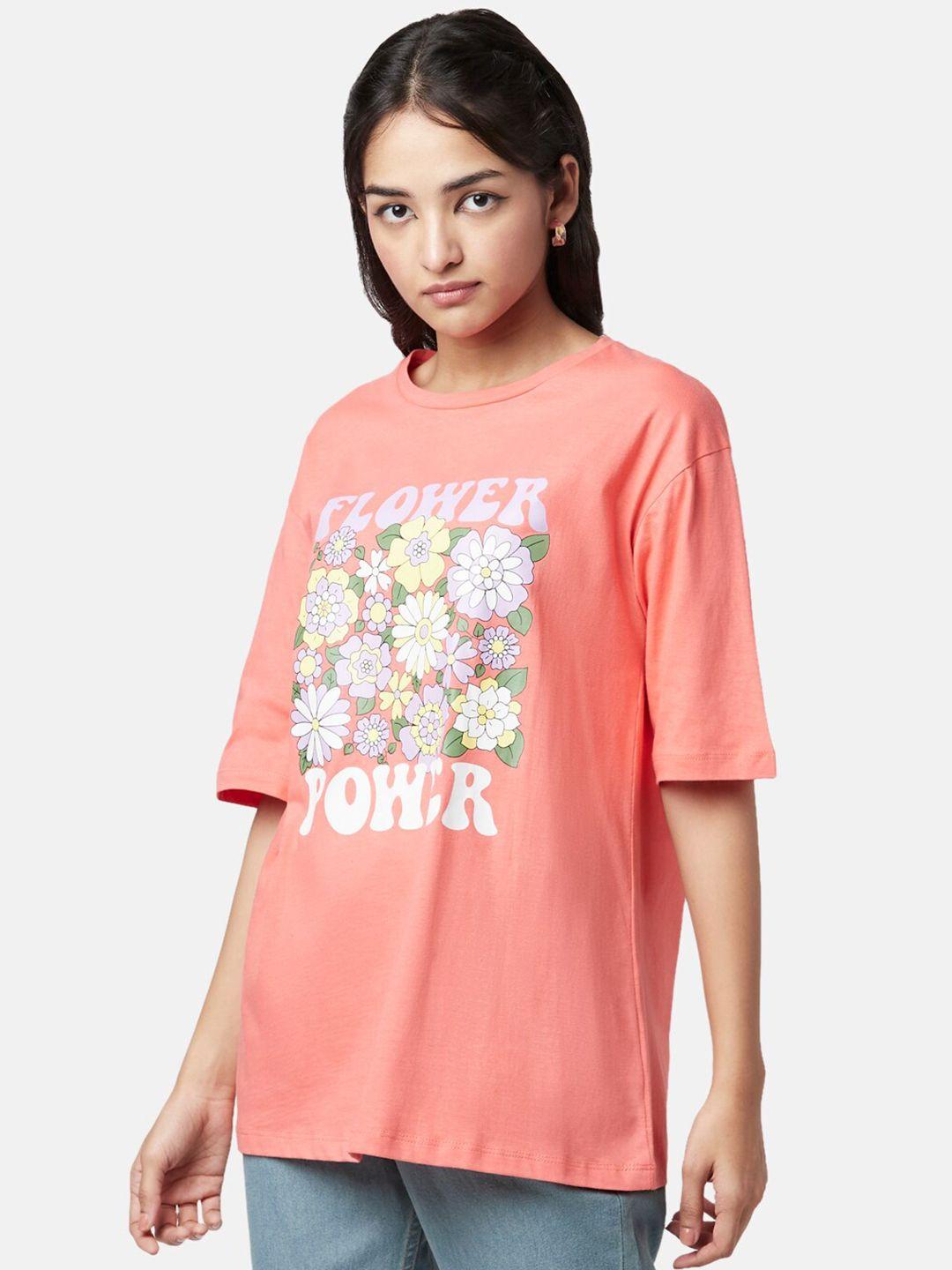 yu by pantaloons women floral printed drop-shoulder sleeves cotton t-shirt