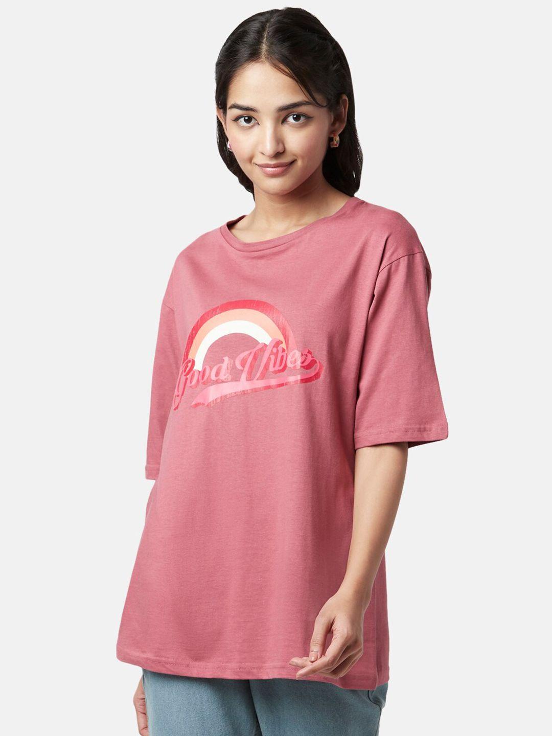yu by pantaloons women typography printed drop-shoulder sleeves cotton t-shirt