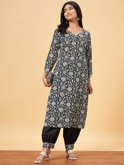 yu by pantaloons black cotton floral print kurta salwaar set