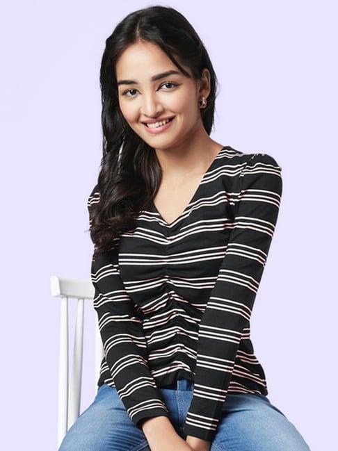 yu by pantaloons black cotton striped top