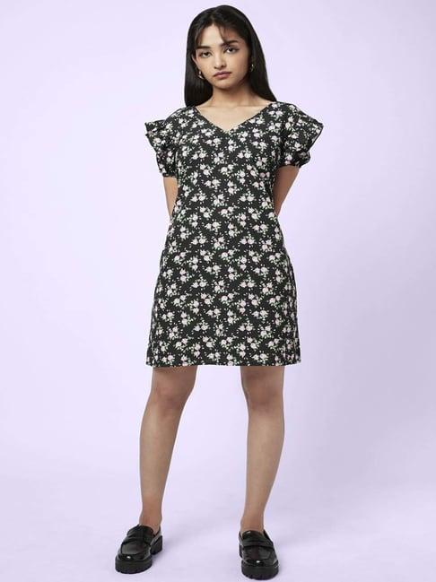 yu by pantaloons black floral print a-line dress