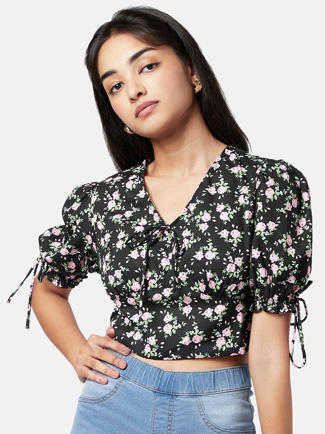 yu by pantaloons black floral print tie-up neck crop top