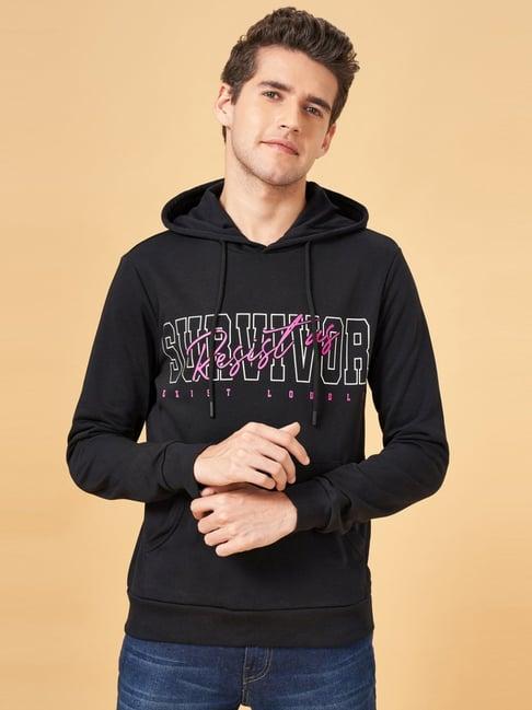 yu by pantaloons black regular fit printed hooded sweatshirt