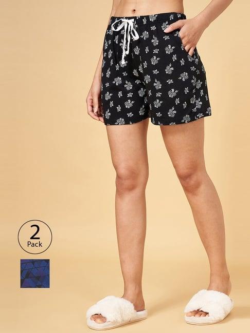 yu by pantaloons blue & black cotton printed shorts - pack of 2