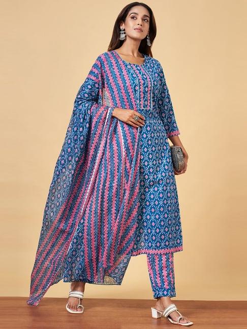 yu by pantaloons blue cotton printed kurta pant set with dupatta