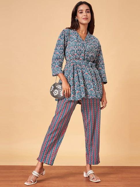 yu by pantaloons blue cotton printed kurti pant set