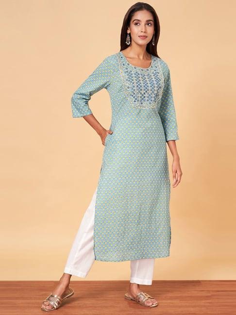 yu by pantaloons blue cotton printed straight kurta