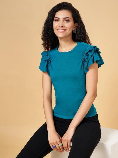 yu by pantaloons blue cotton regular fit top