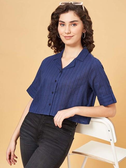 yu by pantaloons blue cotton striped cropped shirt