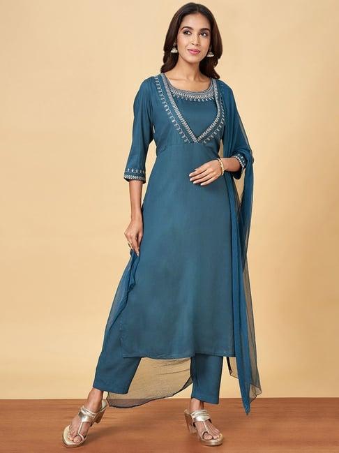 yu by pantaloons blue embroidered kurta pant set with dupatta