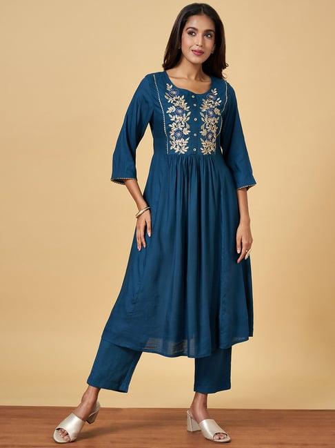 yu by pantaloons blue embroidered kurta pant set