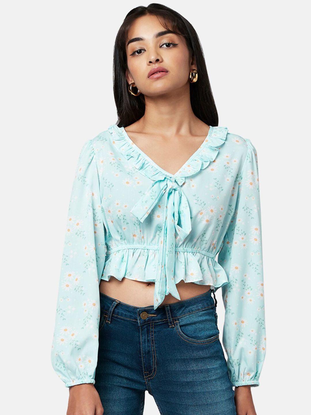 yu by pantaloons blue floral print ruffles cinched waist crop top