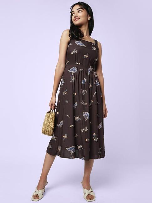 yu by pantaloons brown printed a-line dress