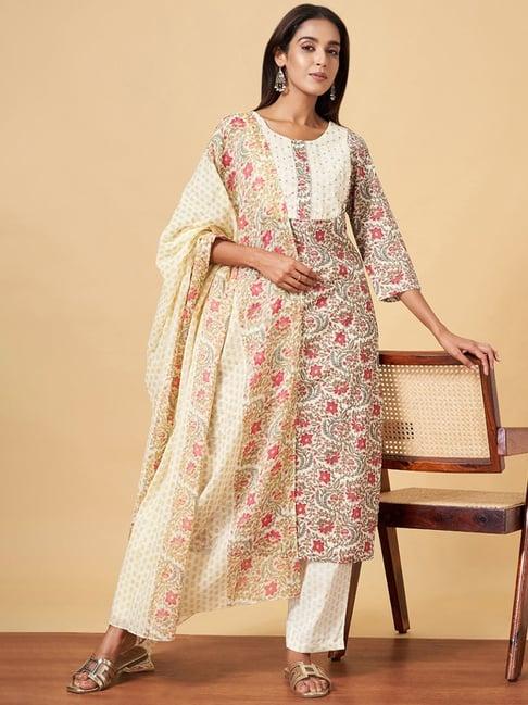 yu by pantaloons cream cotton embellished kurta pant set with dupatta