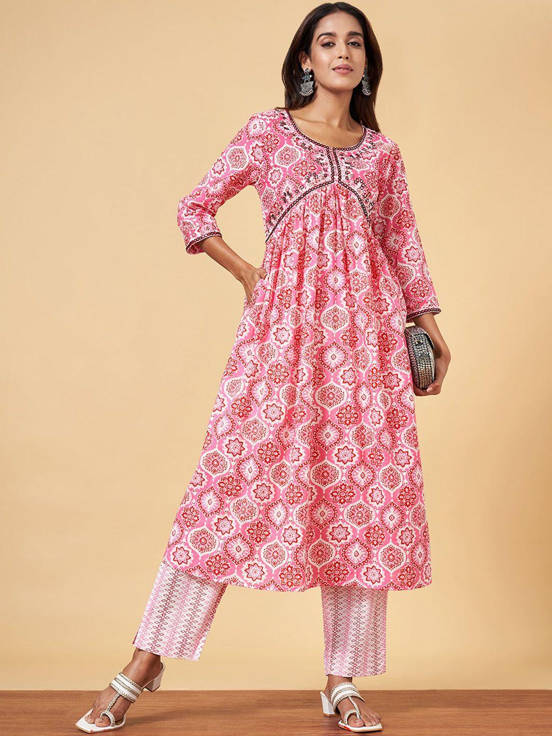 yu by pantaloons ethnic motifs printed mirror work empire pure cotton kurta with palazzos