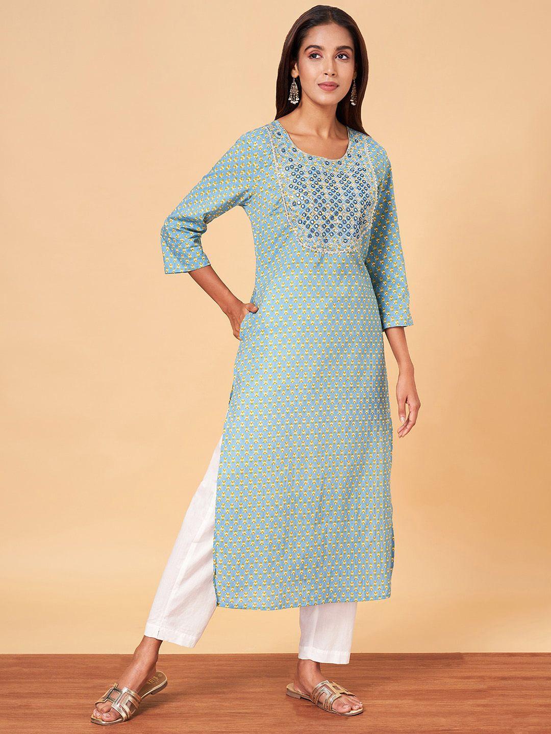 yu by pantaloons ethnic motifs printed mirror work pure cotton straight kurta