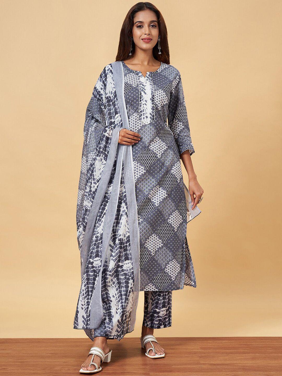 yu by pantaloons ethnic motifs printed regular pure cotton kurta with trousers & dupatta