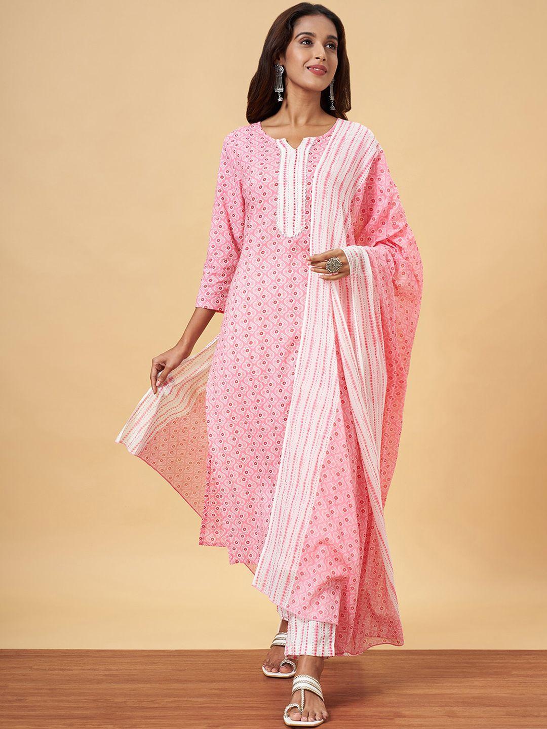 yu by pantaloons ethnic motifs printed regular pure cotton kurta with trousers & dupatta