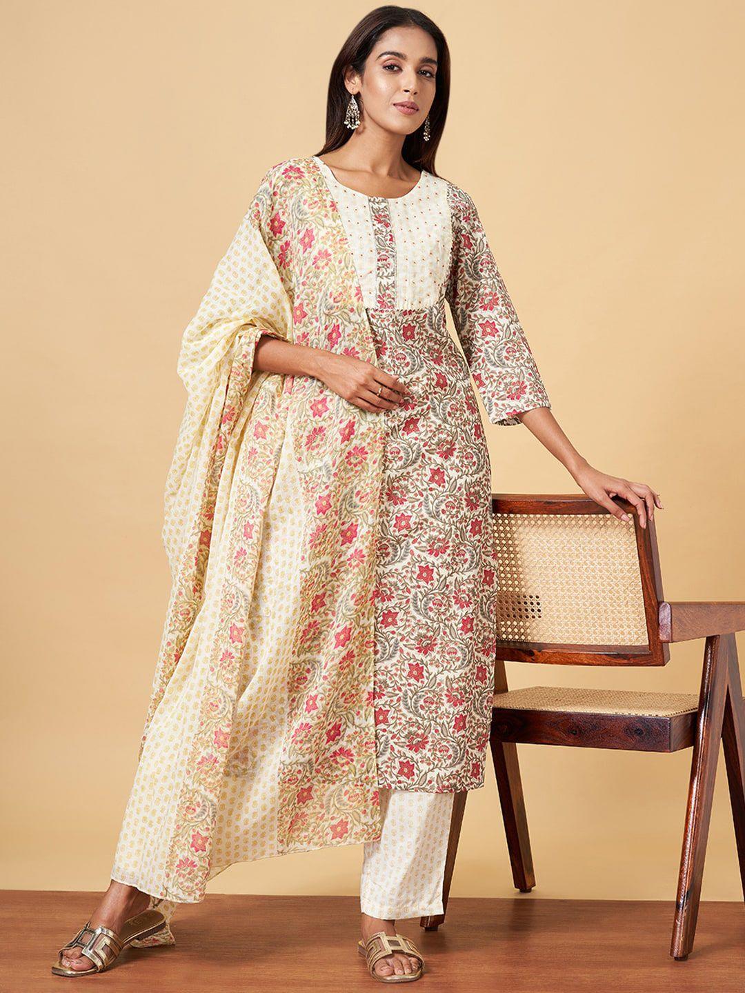 yu by pantaloons floral printed beads and stones pure cotton kurta & palazzos with dupatta