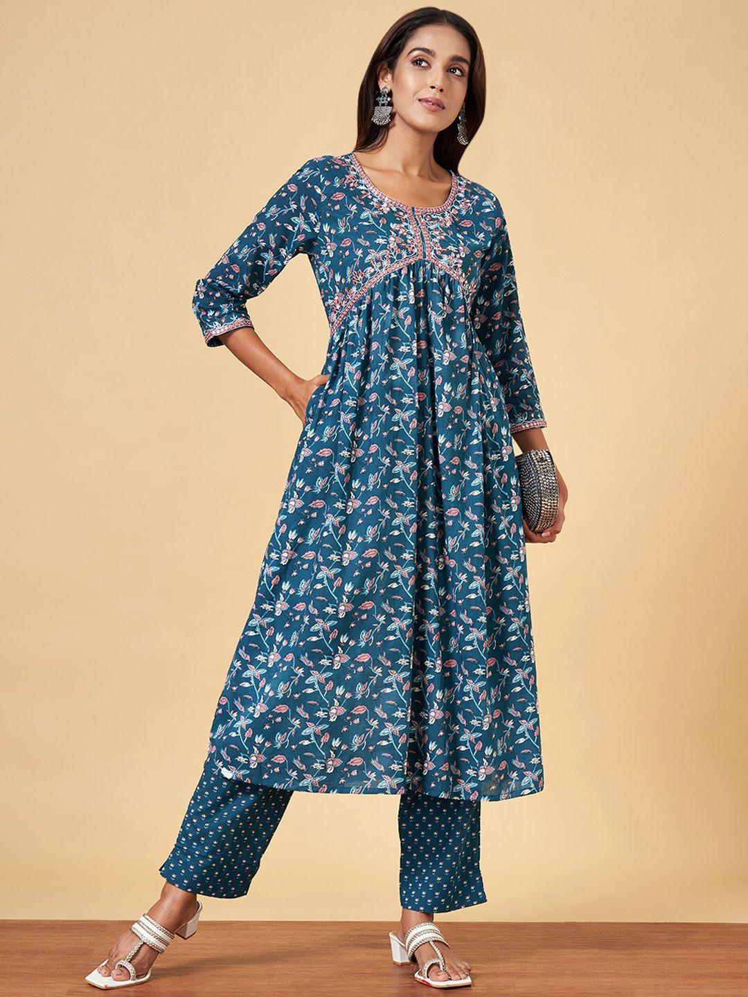 yu by pantaloons floral printed mirror work empire pure cotton kurta with palazzos