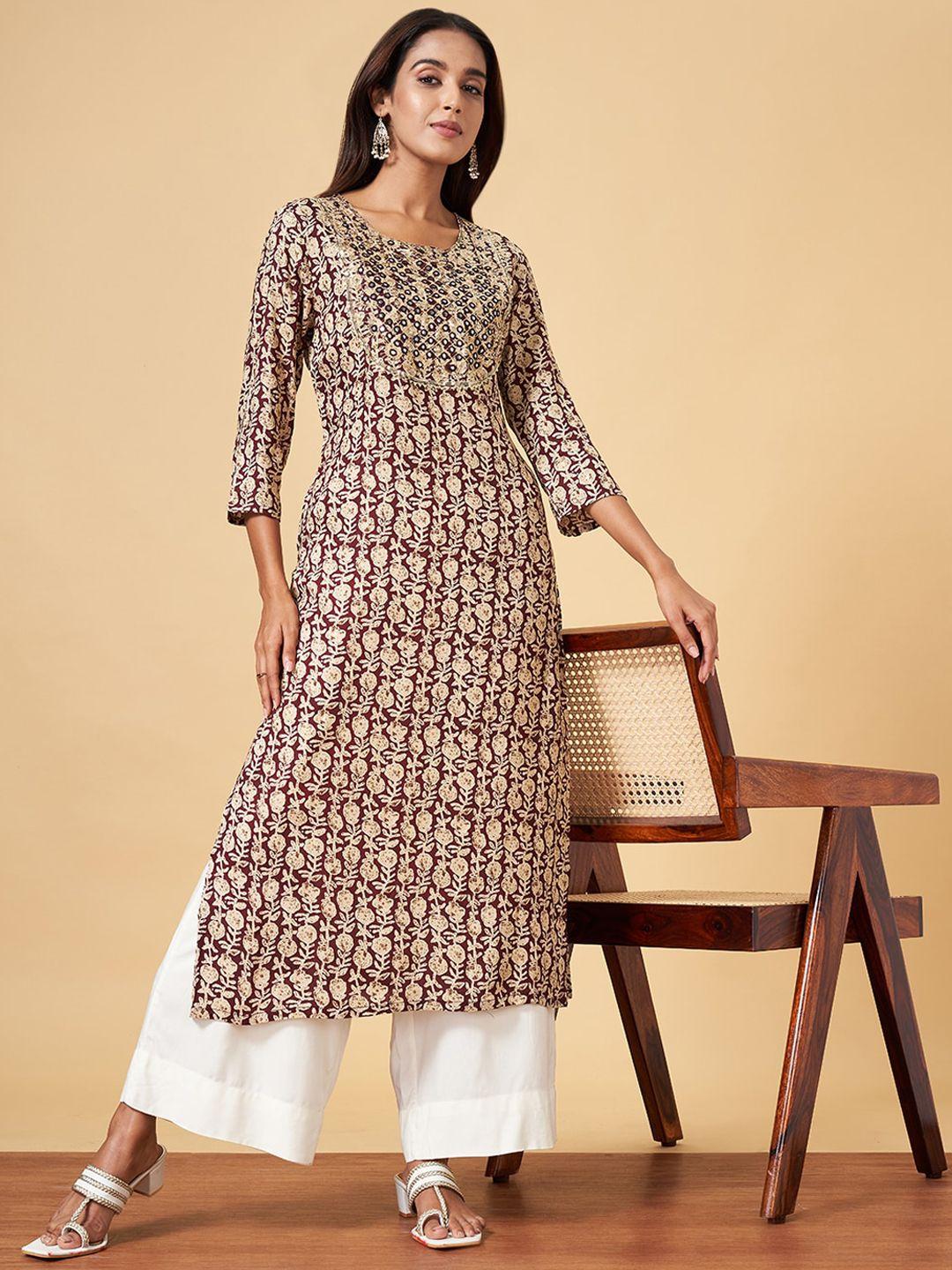 yu by pantaloons floral printed mirror work straight kurta