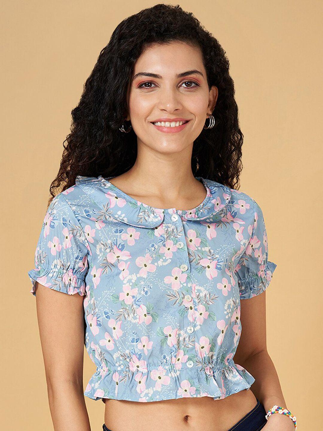 yu by pantaloons floral printed puff sleeve pure cotton crop top