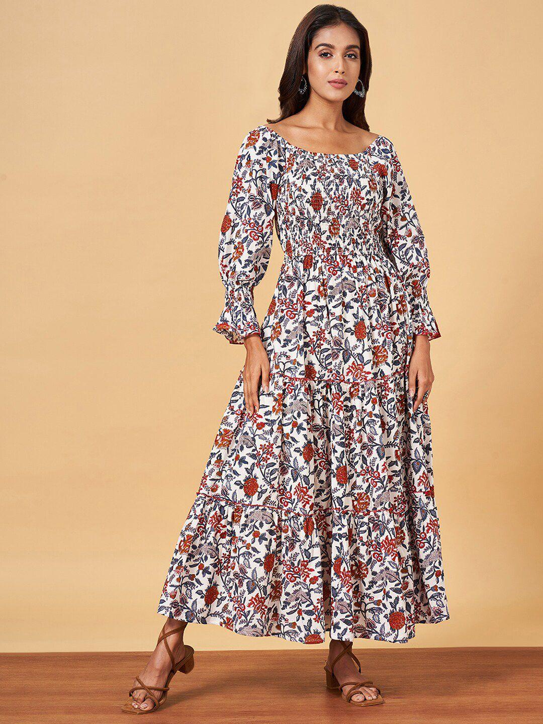 yu by pantaloons floral printed puff sleeve pure cotton fit & flare maxi ethnic dresses