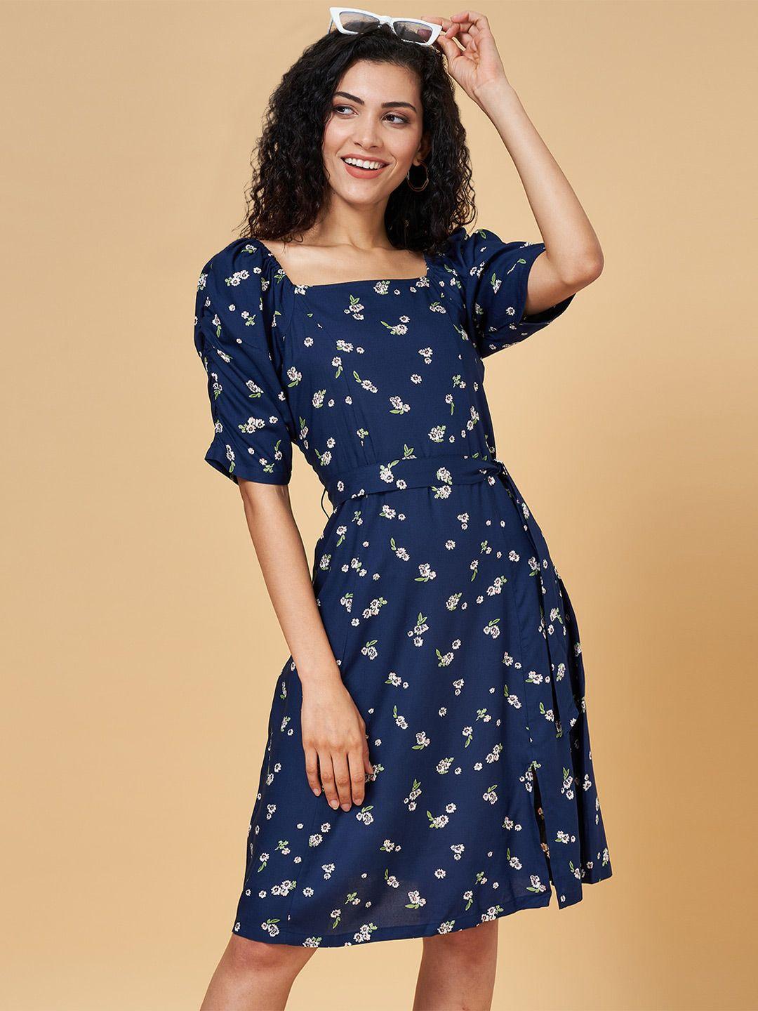 yu by pantaloons floral printed puff sleeve square neck fit & flare dress