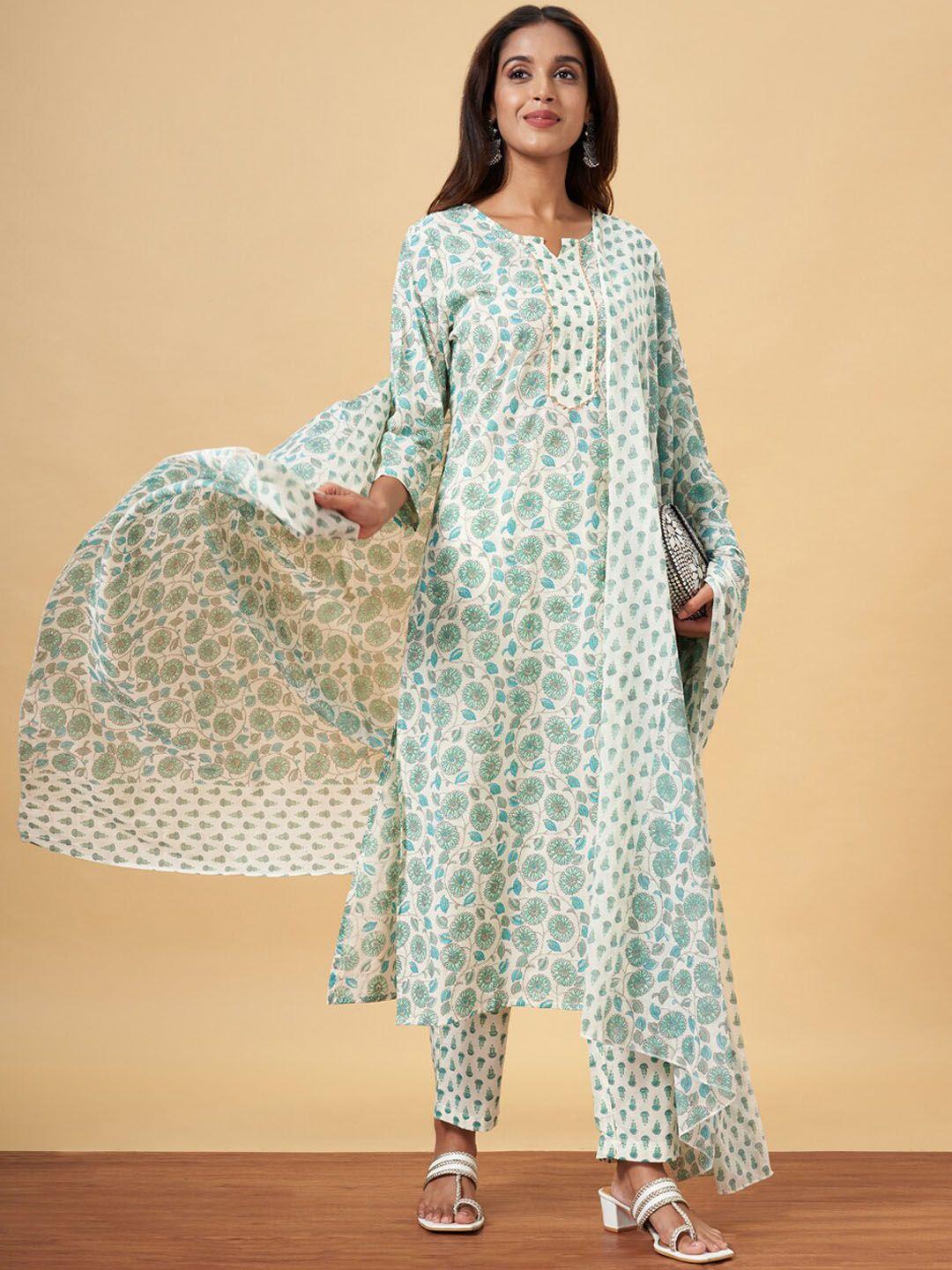 yu by pantaloons floral printed pure cotton kurta with trousers & dupatta