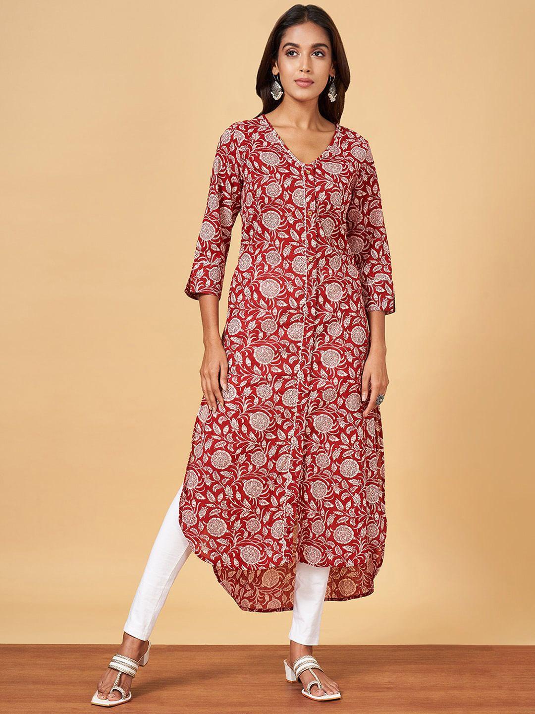 yu by pantaloons floral printed v-neck cotton straight kurta