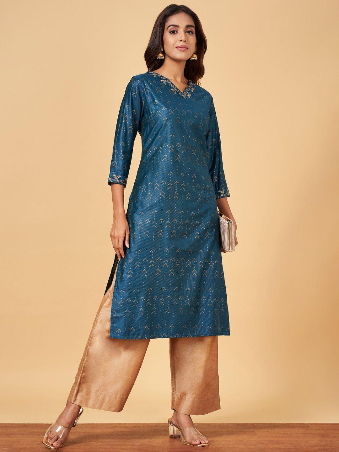 yu by pantaloons geometric embroidered v-neck straight kurta