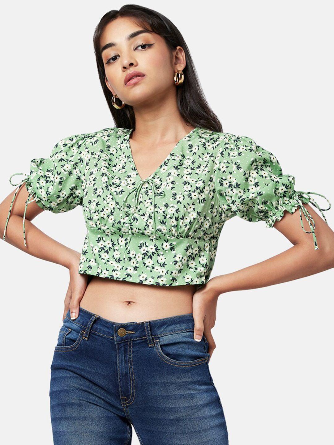 yu by pantaloons green & off white floral print crop top