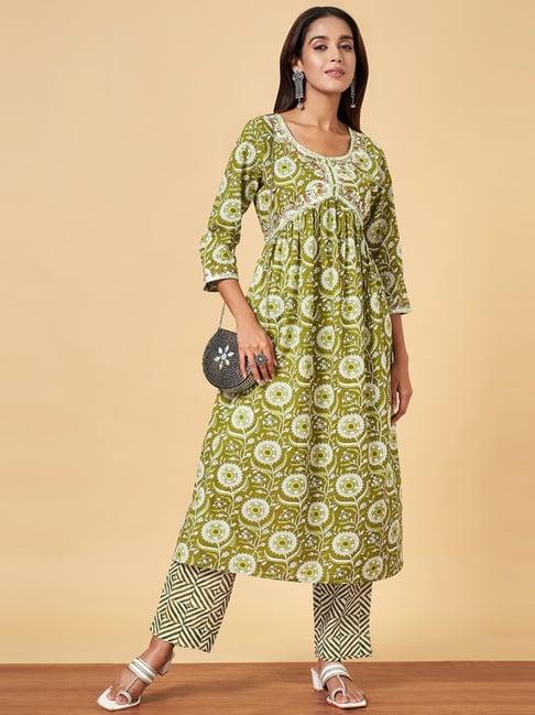 yu by pantaloons green cotton embroidered kurta pant set