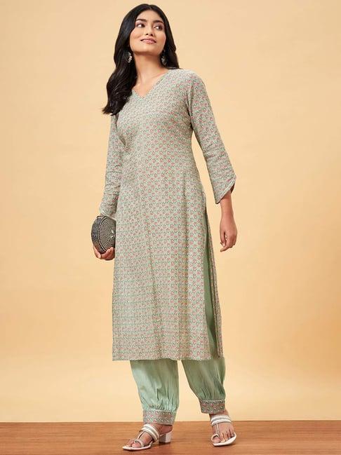 yu by pantaloons green cotton floral print kurta salwaar set