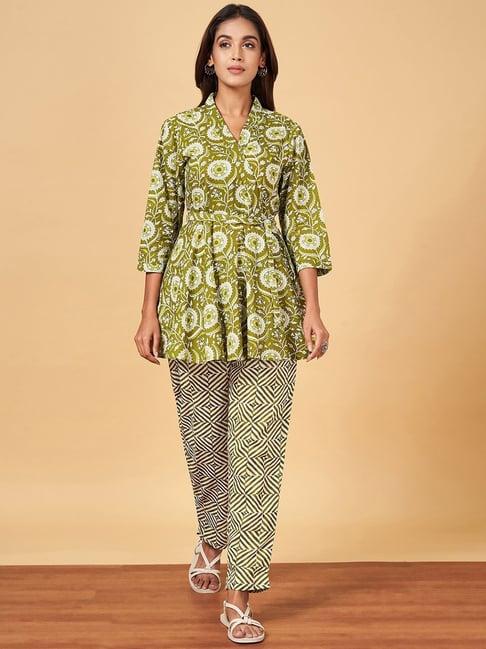 yu by pantaloons green cotton printed kurti pant set